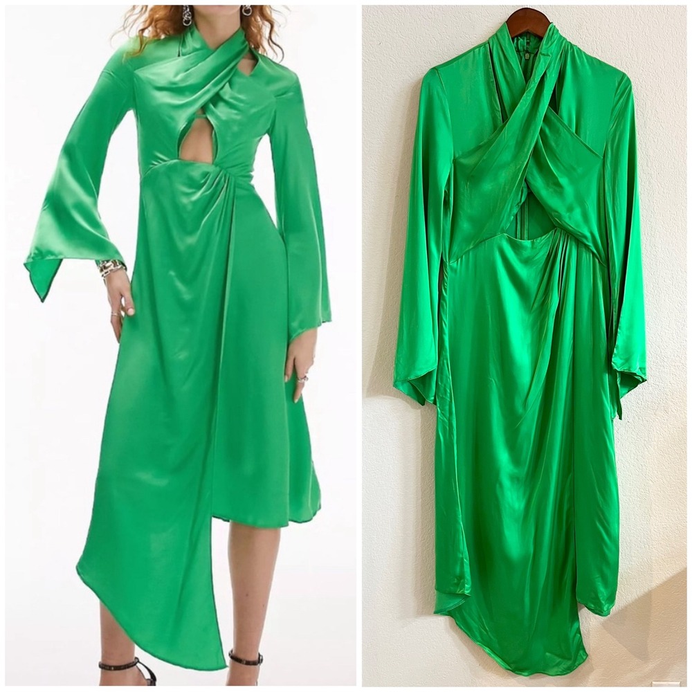 NEW Topshop Green Satin Long Sleeve Asymmetrical Cross Front Midi Dress Size 10